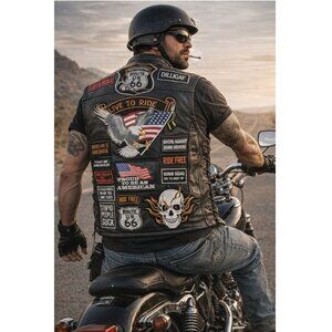 Genuine Buffalo Leather Biker's Vest with 42 Patches